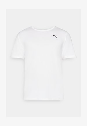 T-shirt blanc à manches courtes en tissu lisse, avec un petit logo noir Puma sur la partie gauche de la poitrine. Encolure ronde, sans motifs.