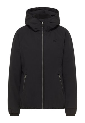 Chaqueta de invierno negra con capucha, cierre frontal completo, bolsillos laterales con cremallera, puños elásticos y un sutil logo bordado en el pecho.