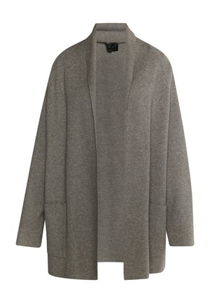 Grå cardigan lavet af blødt, struktureret stof. Åben front, brede ærmer og to sidelommer. Simpelt, moderne design uden lukninger.
