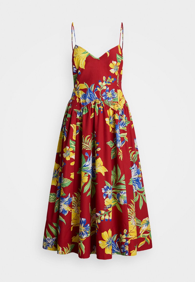 Röd blommig klänning med figursydd överdel, tunna justerbara axelremmar och en utsvängd kjol. Har mönster av gula och blå tropiska blommor.