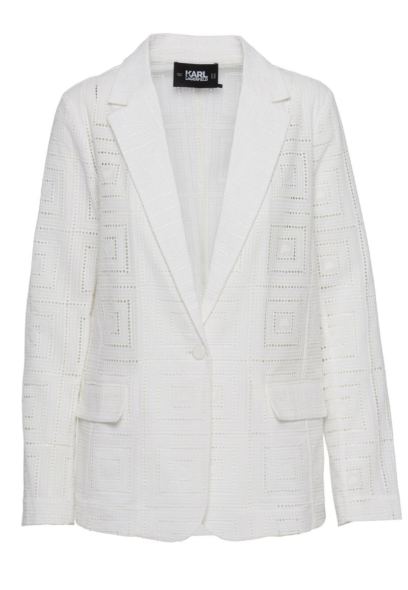 Weißes Blazer mit langen Ärmeln, geometrischem quadratischem Ösenmuster, Reverskragen, einem Knopfverschluss und Klapptaschen, Etikett von Karl Lagerfeld.