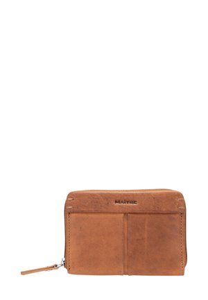 Brown leather wallet featuring a zip closure, two card slots, and embossed logo. The surface has a textured, natural finish.