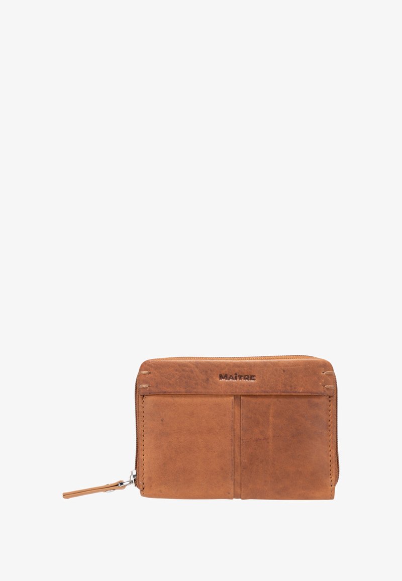 Brown leather wallet featuring a zip closure, two card slots, and embossed logo. The surface has a textured, natural finish.