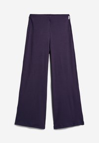 Pantalon ample à jambes larges en maille côtelée violet foncé, posé à plat sur fond blanc.