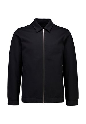 Sort lynlåstrøje lavet af glat stof med krave, to sidelommer og elastiske manchetter for et tætsiddende look.