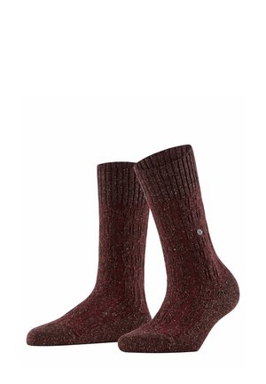 Knielange Socken aus einem Wollmix in Burgunderrot mit geripptem Muster und einem silbernen Logoakzent an der Seite. Weiches und strapazierfähiges Design.
