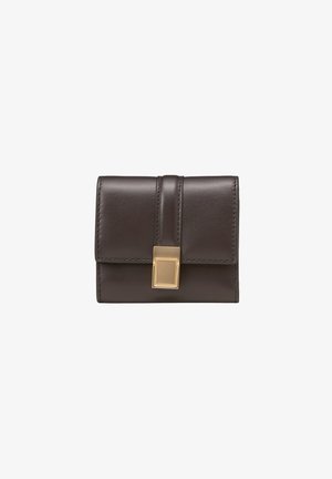 Brown leather wallet with a rectangular shape, featuring a gold rectangular clasp and stitched detailing on the edges.