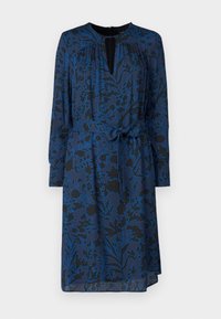 Marinblå klänning med blommönster i blått, långa ärmar, rund halsringning, knyt i midjan och en subtil slits fram. Slät tygkvalitet.