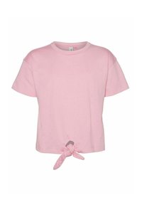 T-shirt en coton rose à col rond, à manches courtes, avec un détail de nœud à l'ourlet. Texture lisse, design décontracté.