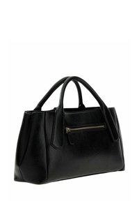 Sac à main en cuir noir avec une finition texturée, double poignée et une poche avant zippée, présentant un design structuré et une forme angulaire.