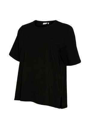 Svart t-shirt med kort ärm, rund halsringning, avslappnad passform, sidofickor och mjukt bomullsmaterial.