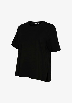 Camiseta negra de manga corta con cuello redondo, corte relajado, aberturas laterales y material de algodón suave.