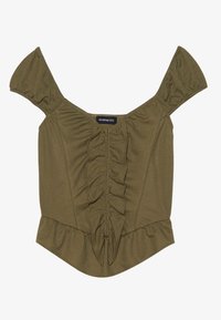 Olivengrønn tettsittende topp med korte puffermer, rynket frontdetaljering og volangkant. Laget av mykt, elastisk stoff.