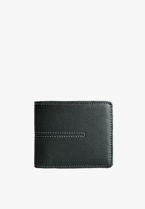 Black textured leather wallet with white stitching around edges and a horizontal stitched line detail on the front, closed and flat.