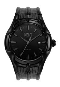 Schwarze Diesel-Armbanduhr mit strukturiertem Armband, runder Gehäuseform und minimalistischem schwarzen Ziffernblatt, das silberne Zeiger und eine Datumsanzeige aufweist.