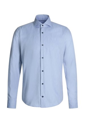 Hellsblaues Langarmhemd mit strukturiertem Finish, schwarzen Knöpfen und klassischem Kragen. Taillierte Passform mit abgerundetem Saum.