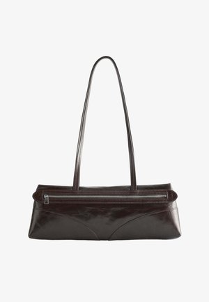 Dark brown leather shoulder bag with long straps and a horizontal zipper pocket on the front against a white background.