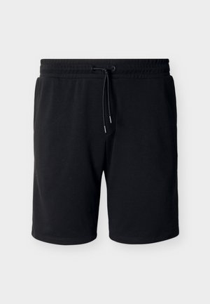 Černé volnočasové šortky s elastickým pasem a stahovací šňůrkou, ke kolenům, vyrobené z měkké látky, zobrazené na jednoduchém světlém pozadí.