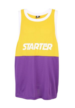 Yellow and purple mesh tank top with white collar. Features "STARTER" printed in bold white letters across the chest.