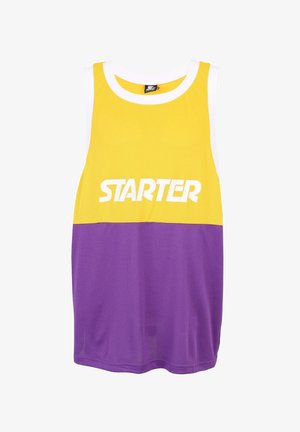 Żółta i fioletowa siateczkowa koszulka bez rękawów z białym kołnierzykiem. Zawiera napis "STARTER" wydrukowany dużymi białymi literami na piersi.