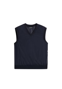 Ärmlös v-ringad topp i marinblått, tillverkad av lättviktsmaterial, med elastisk nederkant och sidsömmar, med logotypdetalj på sidan.