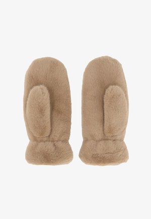 Beige Kunstfell-Handschuhe mit weicher Textur, abgerundeten Enden und einem Bündchen-Design. Dick und warm, geeignet für kaltes Wetter.