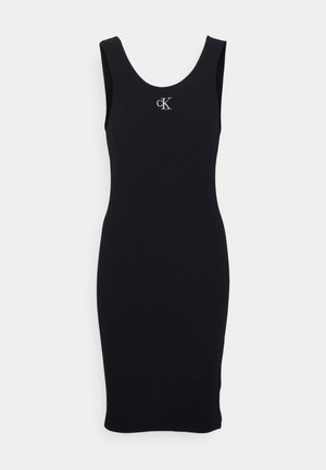 Robe noire ajustée sans manches avec un col rond et un petit logo CK blanc centré sur la poitrine.