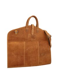 Bruine leren tas met dubbele handvaten en een verstelbare schouderband, met een gladde textuur, eenvoudig ontwerp en drie paneelschoenen.