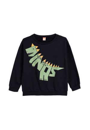 Musta huppari, jossa on vihreä dinosauruksen graafinen kuvio ja oranssi piikkikoriste. Varustettu ribatut hihansuut ja helma. Pehmeää puuvillasekoitemateriaalia.