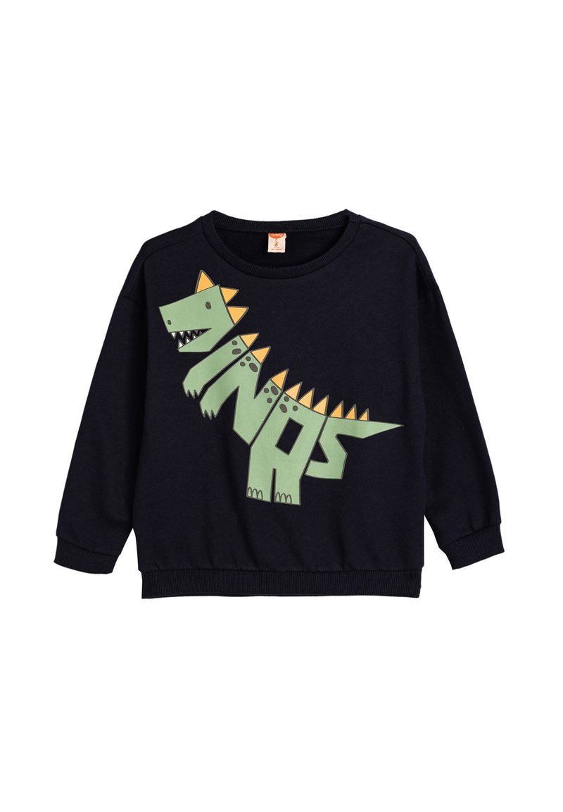 Sudadera negra con gráfico de dinosaurio verde y acentos de picos naranjas. Presenta puños y dobladillo de canalé. Material suave de mezcla de algodón.