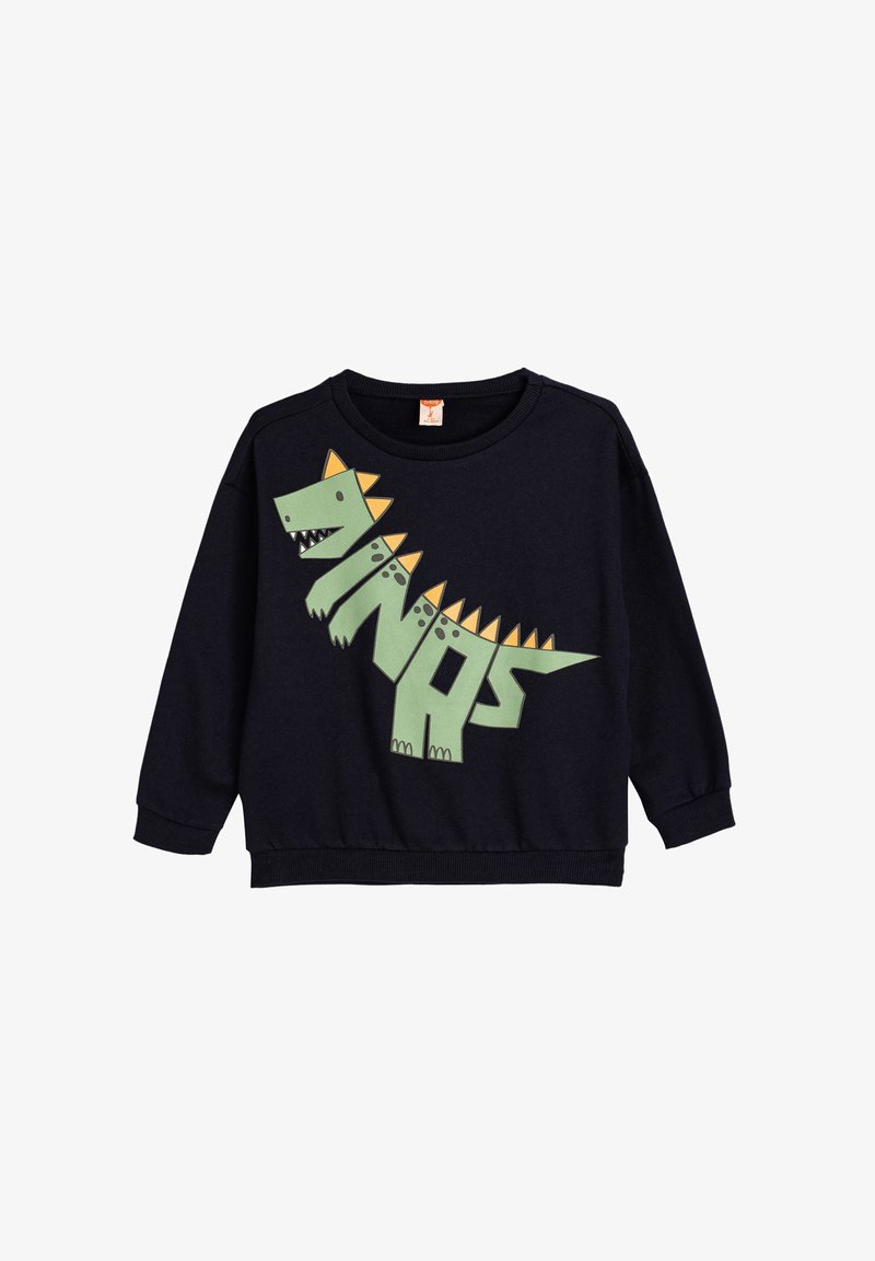 Sudadera negra con gráfico de dinosaurio verde y acentos de picos naranjas. Presenta puños y dobladillo de canalé. Material suave de mezcla de algodón.