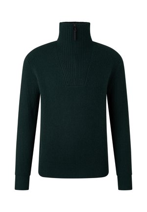Dark green ribbed knit sweater with long sleeves and a high collar featuring a short black zipper.