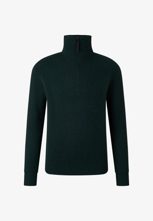 Tmavě zelený žebrovaný pletený svetr s dlouhými rukávy a vysokým límcem se krátkým černým zipem.