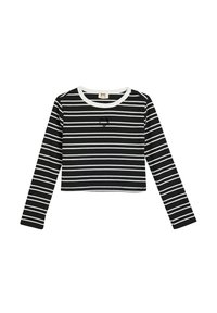 Musta-valkoinen raidallinen pitkähihaisuus crop-top, jossa on ribbitekstuuri ja sydämenmuotoinen leikkaus rinnassa. Valkoinen kaula-aukko ja hihansuut.