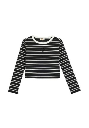 Crop top à manches longues rayé noir et blanc avec une texture côtelée et une découpe en forme de cœur au niveau de la poitrine. Encolure et poignets blancs.