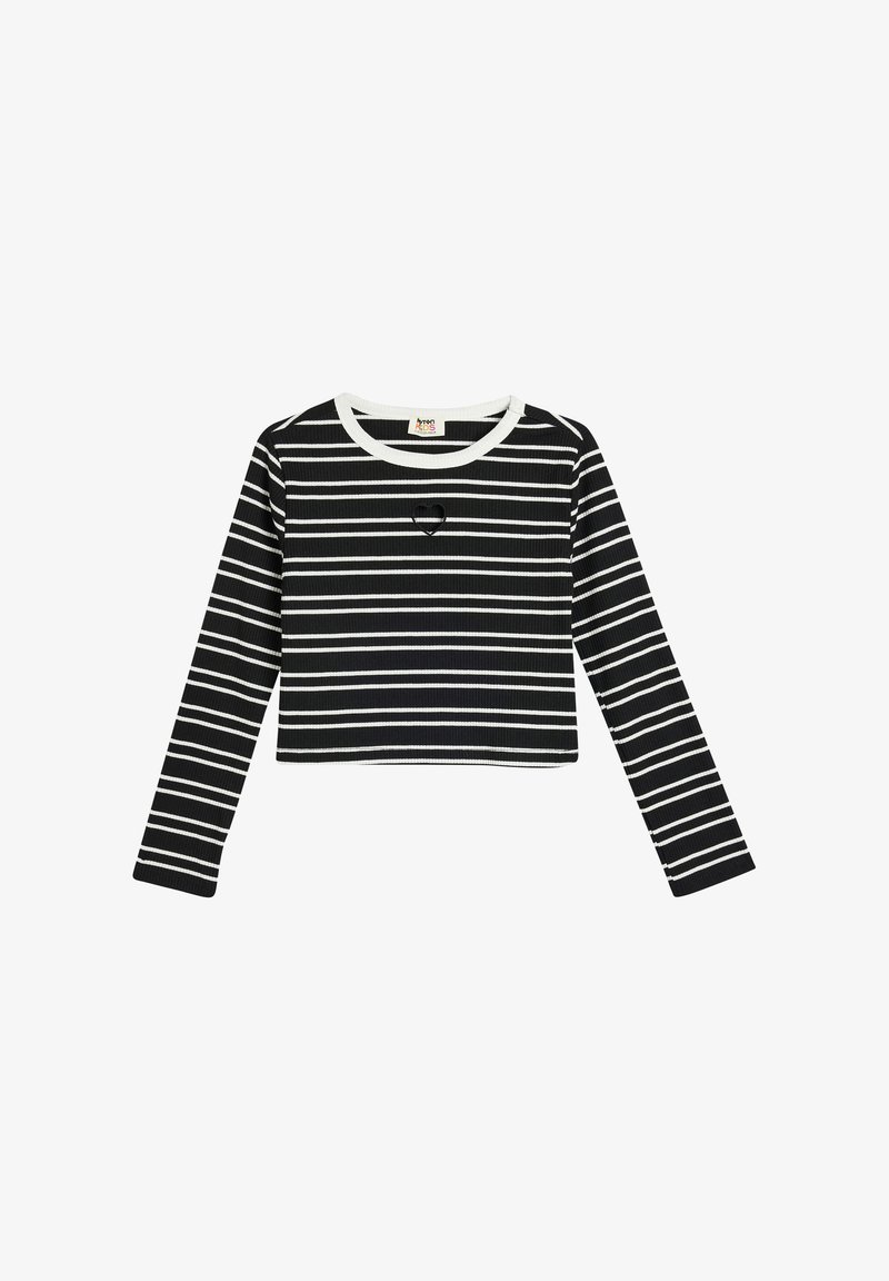 Black and white striped long-sleeve crop top with a ribbed texture and a heart-shaped cutout at the chest. White neckline and cuffs.