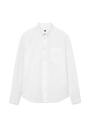 White long-sleeve button-up shirt with a collar, front pocket, and subtle texture. Front placket features buttons and a small logo detail.