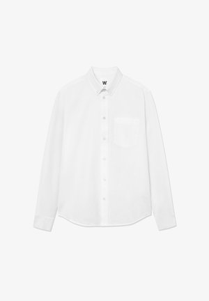 White long-sleeve button-up shirt with a collar, front pocket, and subtle texture. Front placket features buttons and a small logo detail.