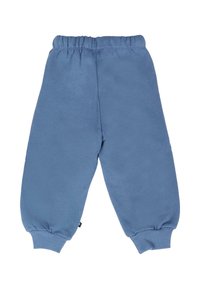 Blauwe peuter sweatpants met een elastische tailleband en geribbelde boorden, gemaakt van zachte stof, plat weergegeven op een witte achtergrond.
