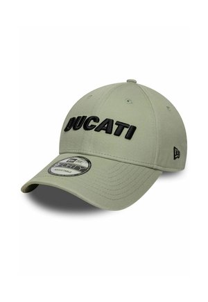 Hellgrüne verstellbare Baseballkappe mit schwarzem "DUCATI"-Schriftzug vorne und kleinem schwarzem Logo an der Seite.