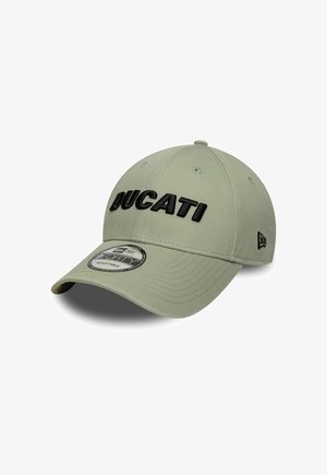 Hellgrüne verstellbare Baseballkappe mit schwarzem "DUCATI"-Schriftzug vorne und kleinem schwarzem Logo an der Seite.