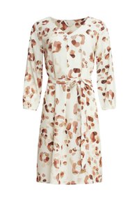 Langärmliges Kleid aus einem cremefarbenen Stoff, geschmückt mit einem sanften, abstrakten Muster in Braun und Pfirsich. Inklusive passendem Taillengürtel und V-Ausschnitt.