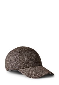 Baseballpet gemaakt van textuurstof met een zwart en bruin gespikkeld patroon, met een gebogen rand en een zespanelen ontwerp.