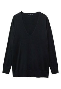 Pull noir à manches longues avec col en V, poignets et ourlet côtelés, présenté à plat sur fond blanc.