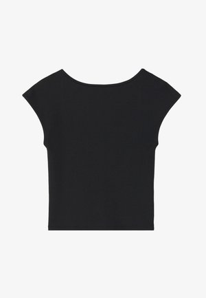 Top noir court avec manches courtes, col rond et texture de tissu lisse, présentant un design uni sans motifs ni embellissements.