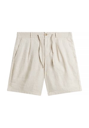 Beige linnedshorts med knap- og snøre-lukning, forplisseringer, sidelommer og bæltestropper.