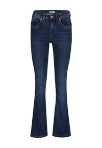 Mørkeblå, flagrende jeans lavet af denim, med fem lommer, lynlåslukning og diskret slid på forsiden, samt syede detaljer.
