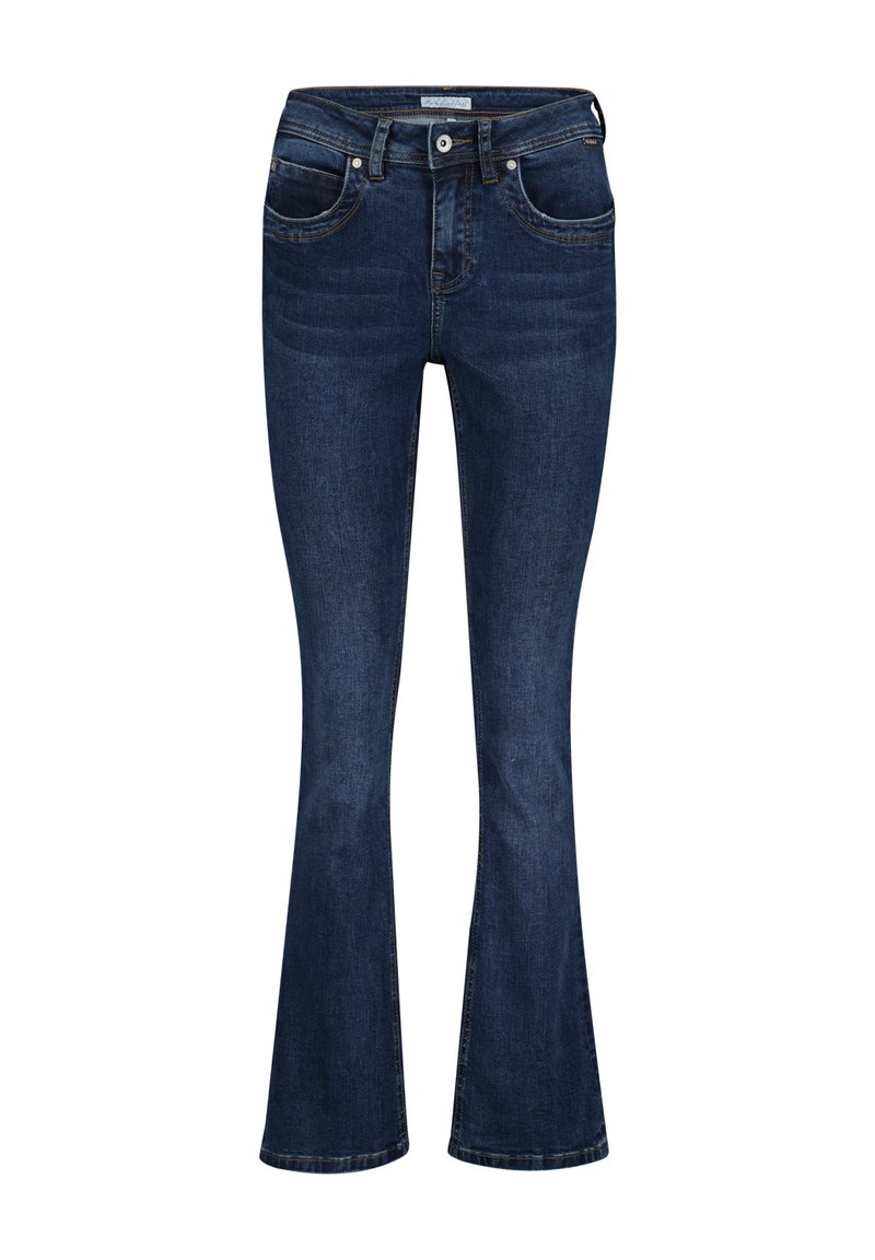 Mørkeblå, flagrende jeans lavet af denim, med fem lommer, lynlåslukning og diskret slid på forsiden, samt syede detaljer.