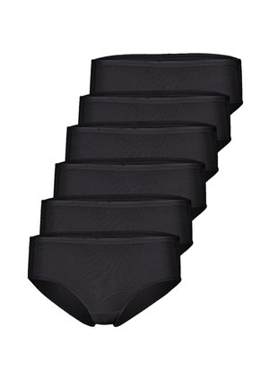 Sechs schwarze Baumwoll-Damenslips übereinander in versetzter Anordnung auf weißem Hintergrund.
