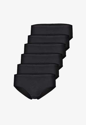 Sechs schwarze Baumwoll-Damenslips übereinander in versetzter Anordnung auf weißem Hintergrund.